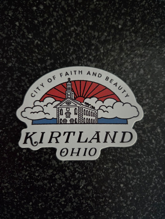 Stickers magnets and patches collection featuring small Kirtland souvenirs.
