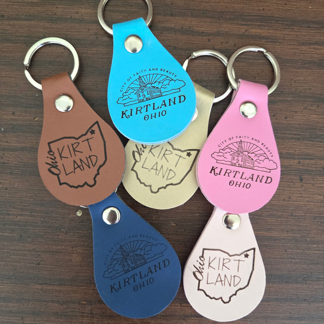Handmade leather keychain with Kirtland heritage design