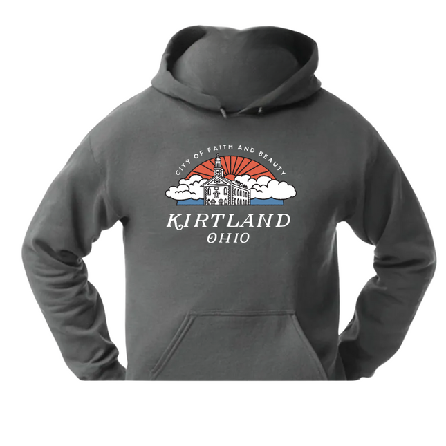 A gray hooded sweatshirt with a printed design on the front that includes text and a graphical element.
