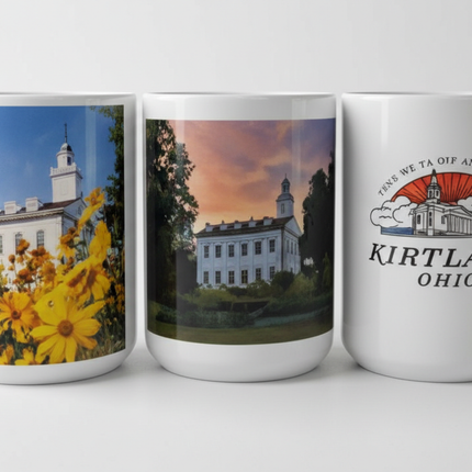 Three mugs with scenic and branded designs on a white background