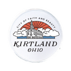 A round embroidered patch with the text 'KIRTLAND OHIO' and an illustration of a building with a clock tower, clouds, and a sunset in the background.