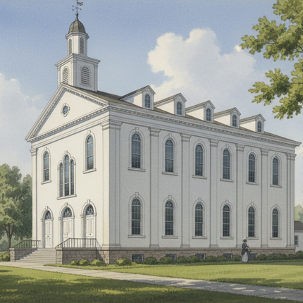 Historical illustration of a white church with steeple and surrounding trees on a clear day.