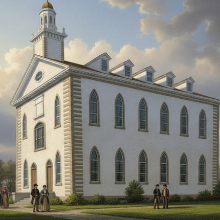 Historic white building with a steeple under a blue sky with clouds, surrounded by trees and a few people.