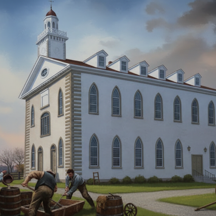 Historical scene with a large white building, people, and a cart on a grassy area.