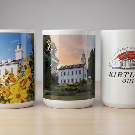 Three mugs with different designs of a building and scenic views on a wooden surface.